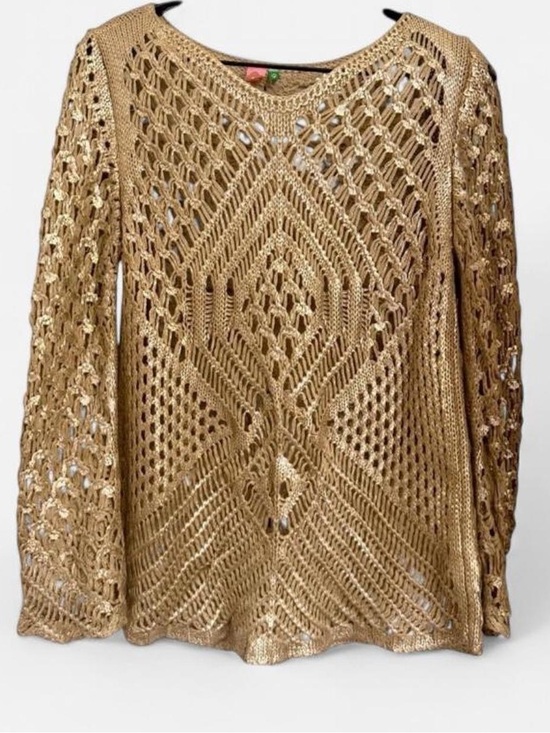 FARM Rio Sweaters - FARM Rio Metallic Gold Crochet Knit Open Weave Long Sleeve Sweater